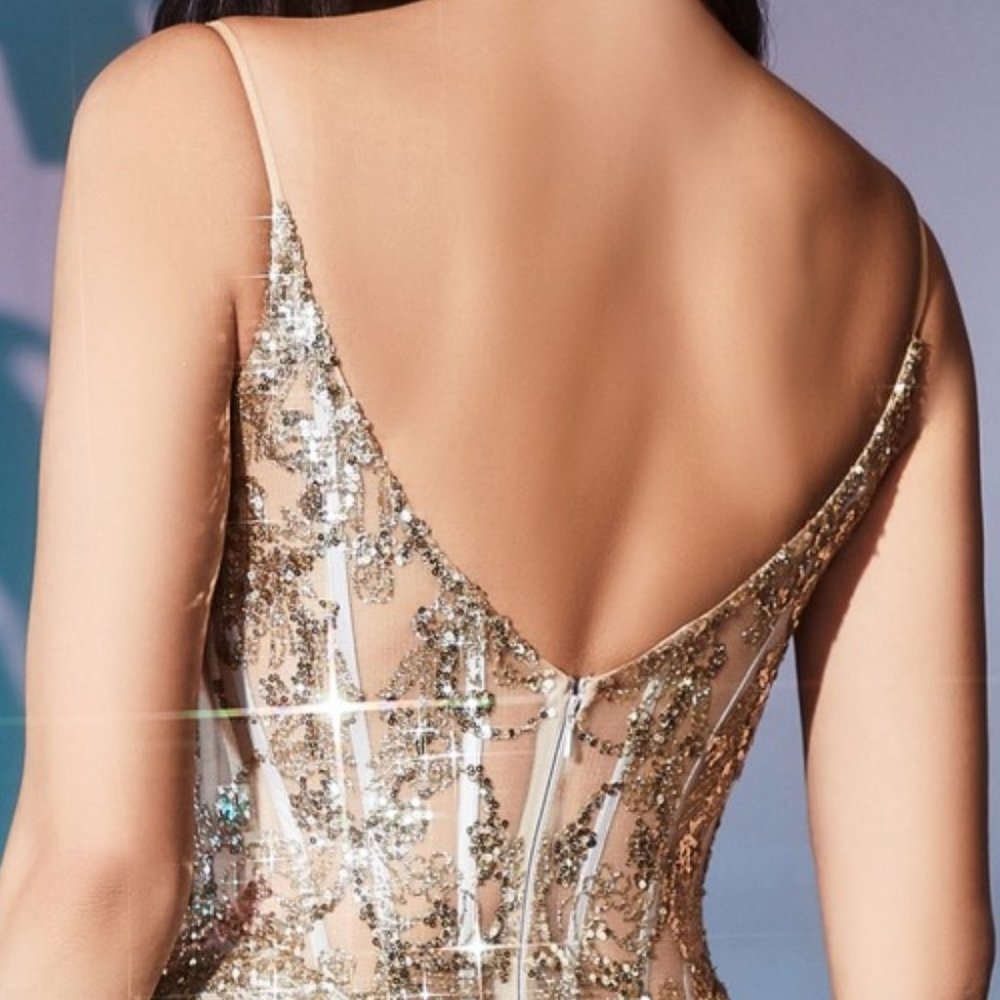 NEW LONG OFF SHOULDER SLEEVELESS EMBROIDERED SEQUIN GOWN WITH ZIP BACK CD J810 - Picture 5 of 6